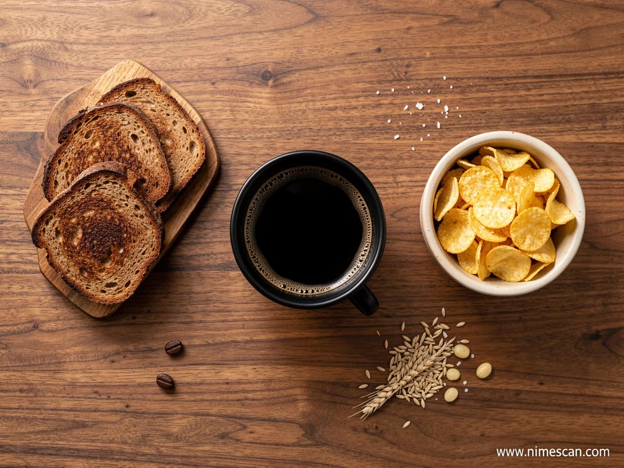 An editorial overhead flat lay of the three main acrylamide sources — a cup of dark roasted coffee, a plate of dark toasted bread, and a bowl of potato crisps — arranged on a warm wooden surface, illustrating the everyday products at the centre of the EU's late-2026 binding acrylamide limits proposal