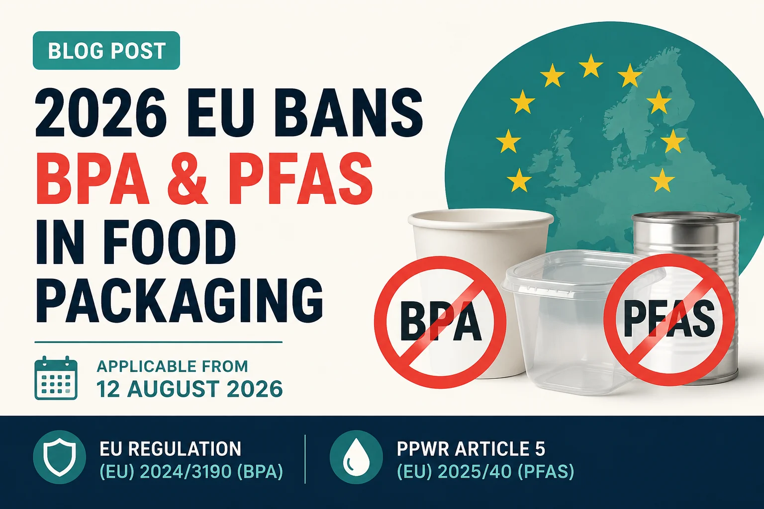Tin food cans and grease-resistant fast-food wrappers on a neutral background, representing the BPA and PFAS food contact materials banned across the EU in 2026