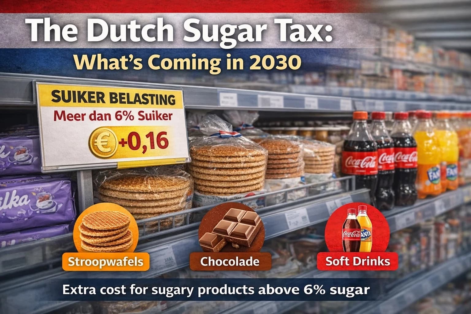 An overhead arrangement of Dutch packaged foods high in sugar — biscuits, sweets, and soft drinks — illustrating the products affected by the Netherlands sugar tax taking effect in 2030