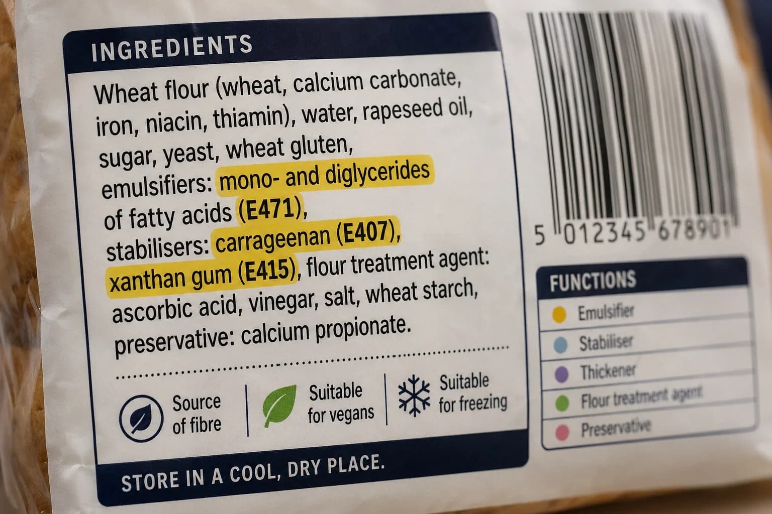 Common everyday products containing emulsifiers — bread, ice cream, plant milk, and yoghurt — arranged on a wooden surface in an editorial flat lay