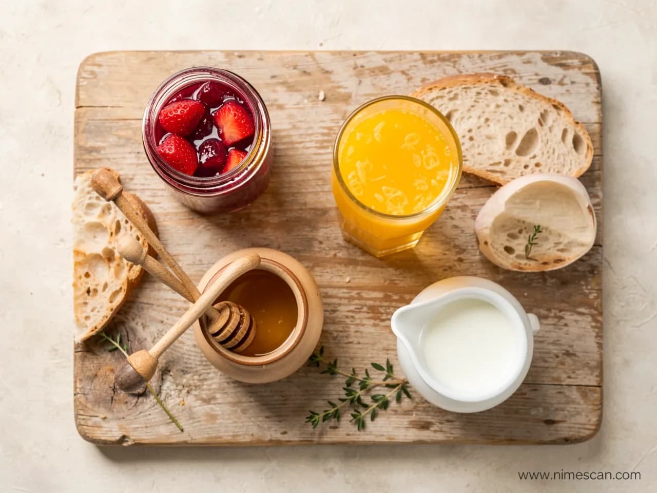 A flat lay of a continental European breakfast on a wooden board — a jar of fruit-laden jam, a honey dipper, a glass of orange juice, and a small jug of milk — illustrating the four product categories regulated by the EU Breakfast Directive 2024/1438 effective 14 June 2026