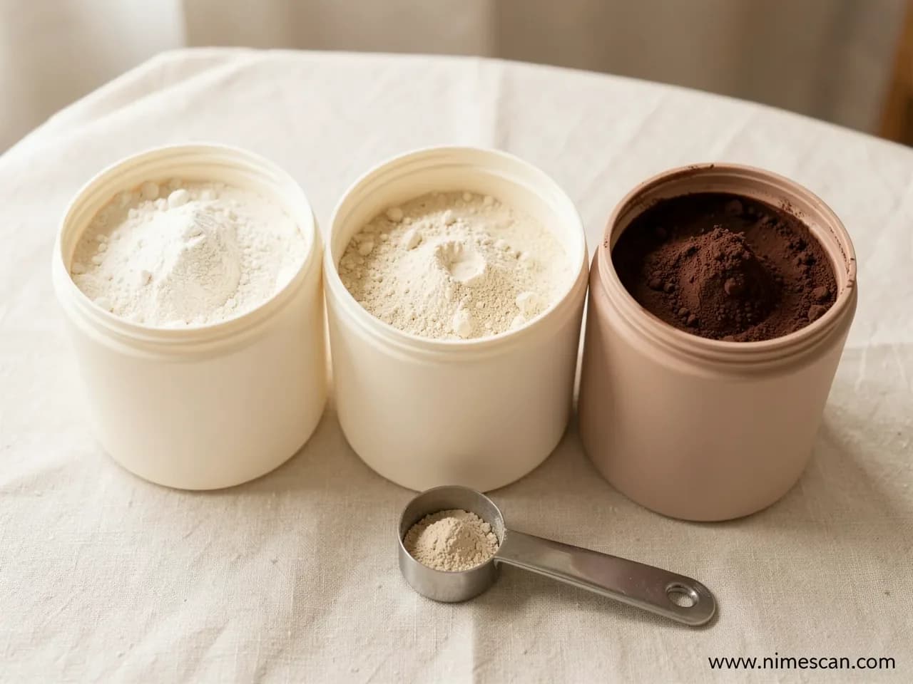 A row of three opened protein powder tubs on a cream linen surface — one whey, one plant-based, one chocolate — with a measuring scoop in front, illustrating the contamination patterns documented in the 2026 Clean Label Project testing