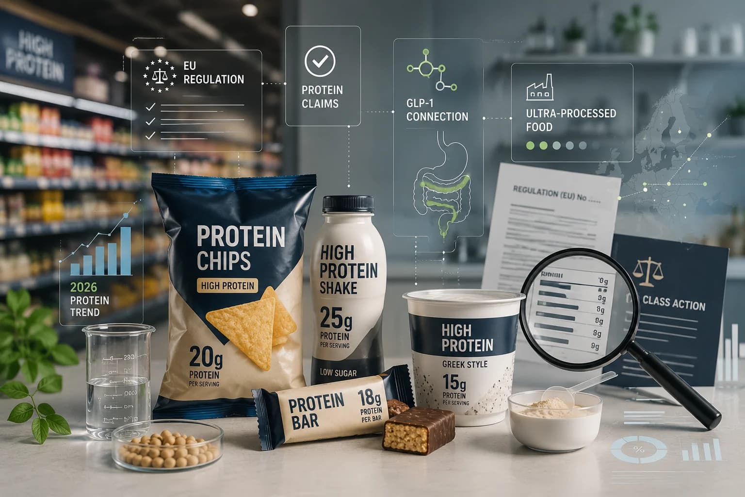 An arrangement of high-protein packaged products — bars, crisps, drinks, and cereals — illustrating the saturation of protein-labelled items on supermarket shelves in 2026