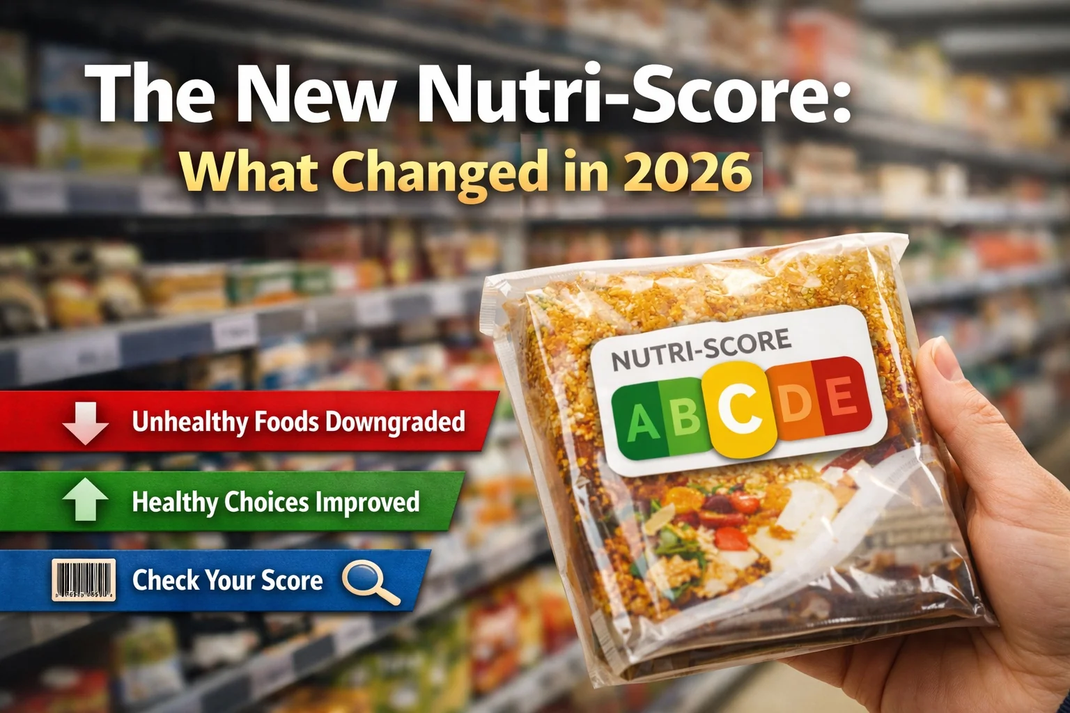 Packaged foods displaying the colour-coded A-to-E Nutri-Score label, illustrating the updated 2026 algorithm and how everyday products have been re-scored