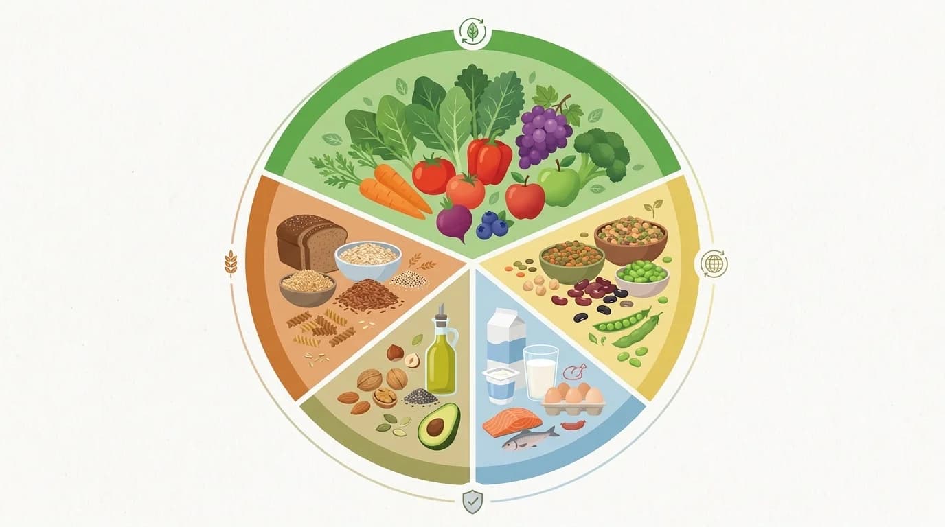 A composition of foods featured in the updated 2026 Schijf van Vijf — legumes, whole grains, vegetables, and dairy — illustrating the Dutch Voedingscentrum's revised dietary guidance