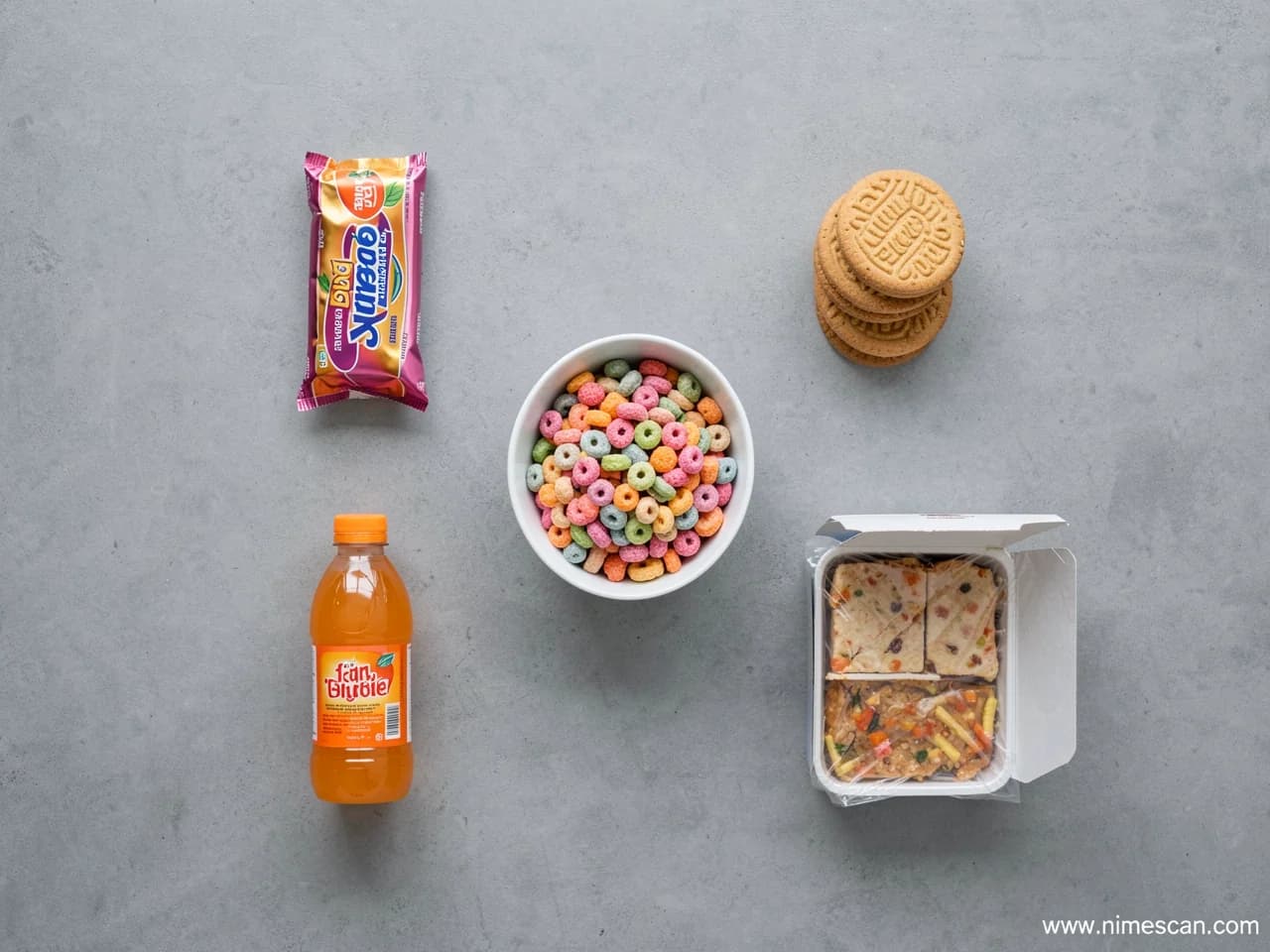An editorial overhead flat lay of common ultra-processed products — a bowl of sugary breakfast cereal, a packaged snack bar, biscuits, a bottled soft drink and a ready-meal box — arranged on a neutral surface, illustrating the categories at the centre of the May 2026 European Heart Journal ultra-processed food report